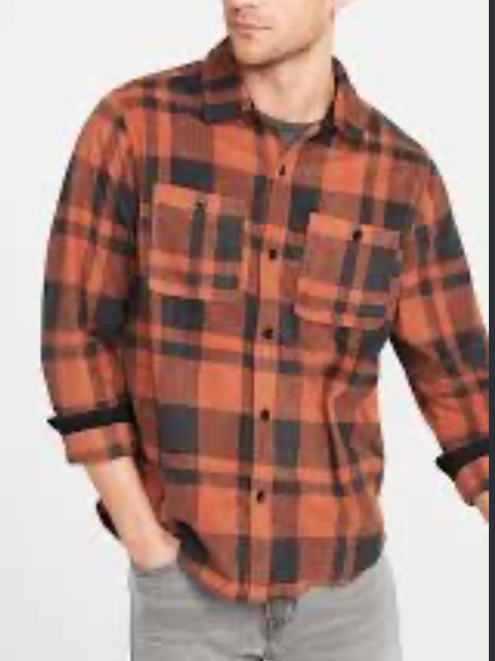 Old Navy Jacket Men M Orange Plaid Fleece Lined Button Front Outdoor Casual